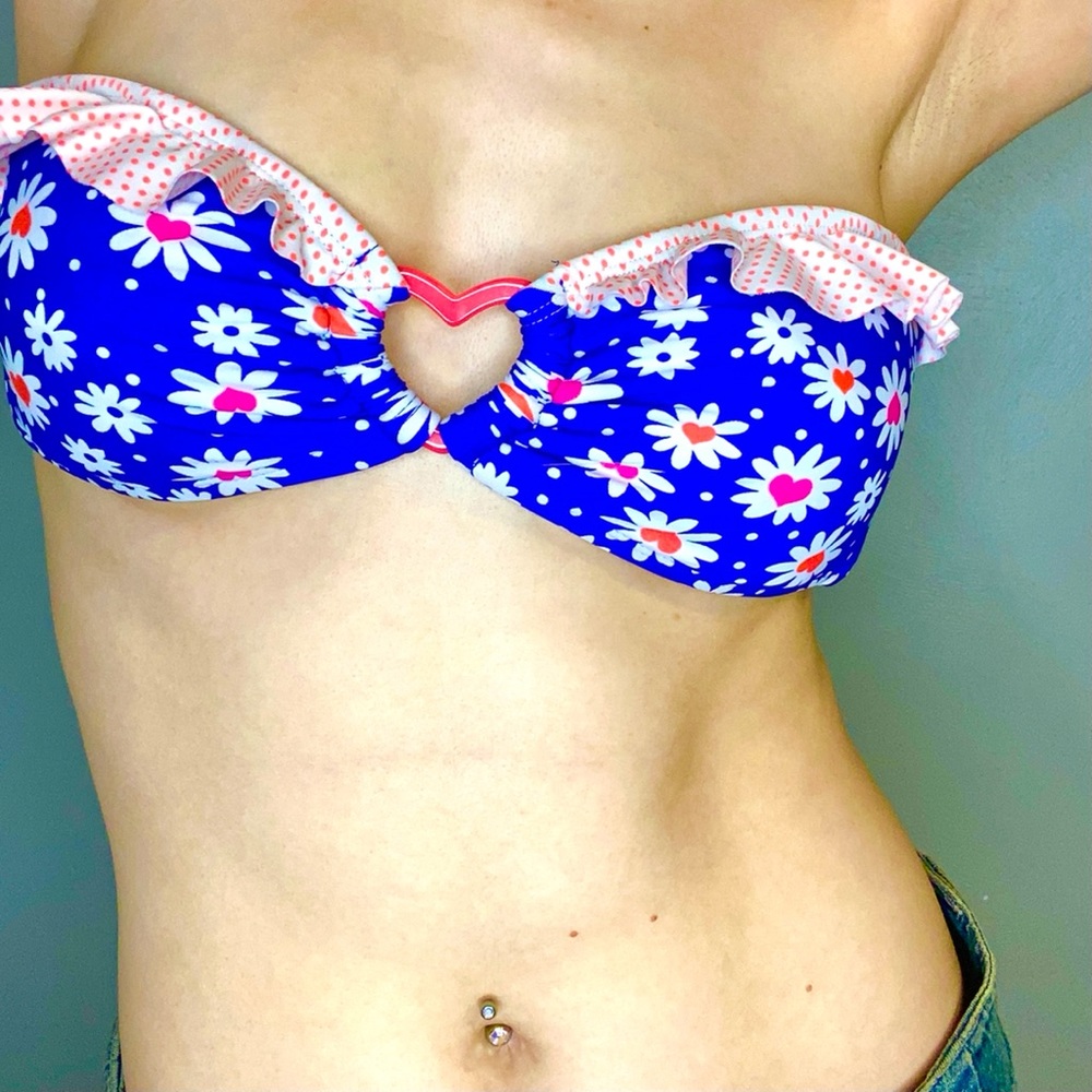 Blue Floral Bandeau Bikini Top with Heart Detail